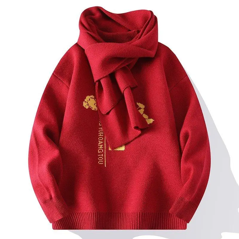 

Новинка 2023 года, мужской вязаный свитер, зимняя одежда для пар, красный трикотаж для подростков и молодежи, удобный повседневный свитер