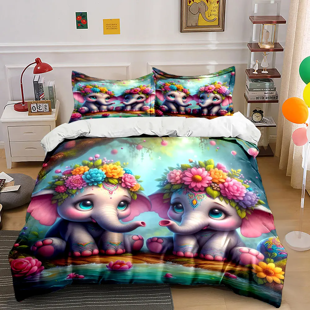 

Dreamy Floral Elephants by the Lake Print Soft Comfortable Duvet Cover Bedding Set Included 1*Duvet Cover 2*Pillowcases