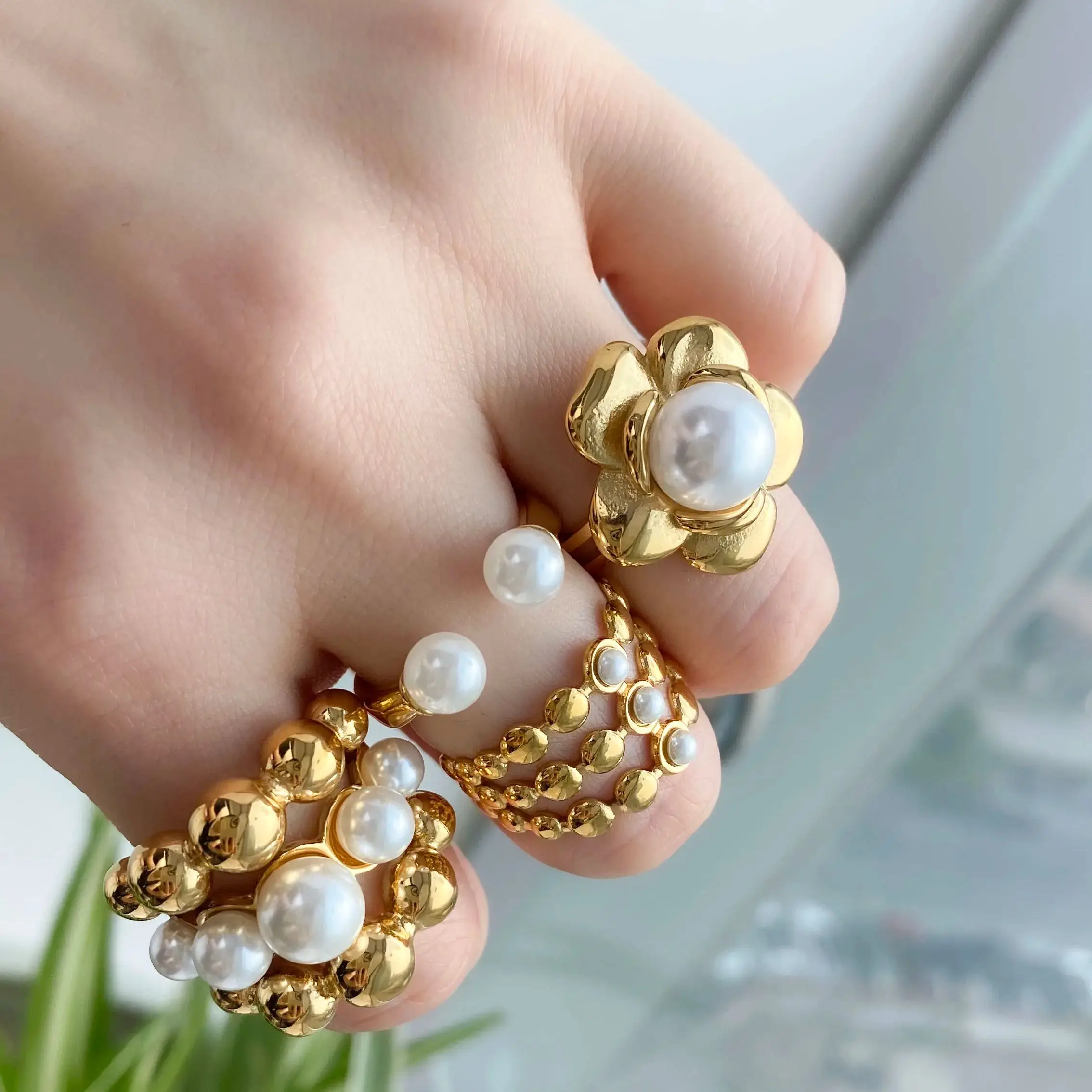 Minimalist High Quality Gold Plated Advanced Geometric Pearl Stainless Steel Bracelet Bangle Vintage Open Rings Set Women