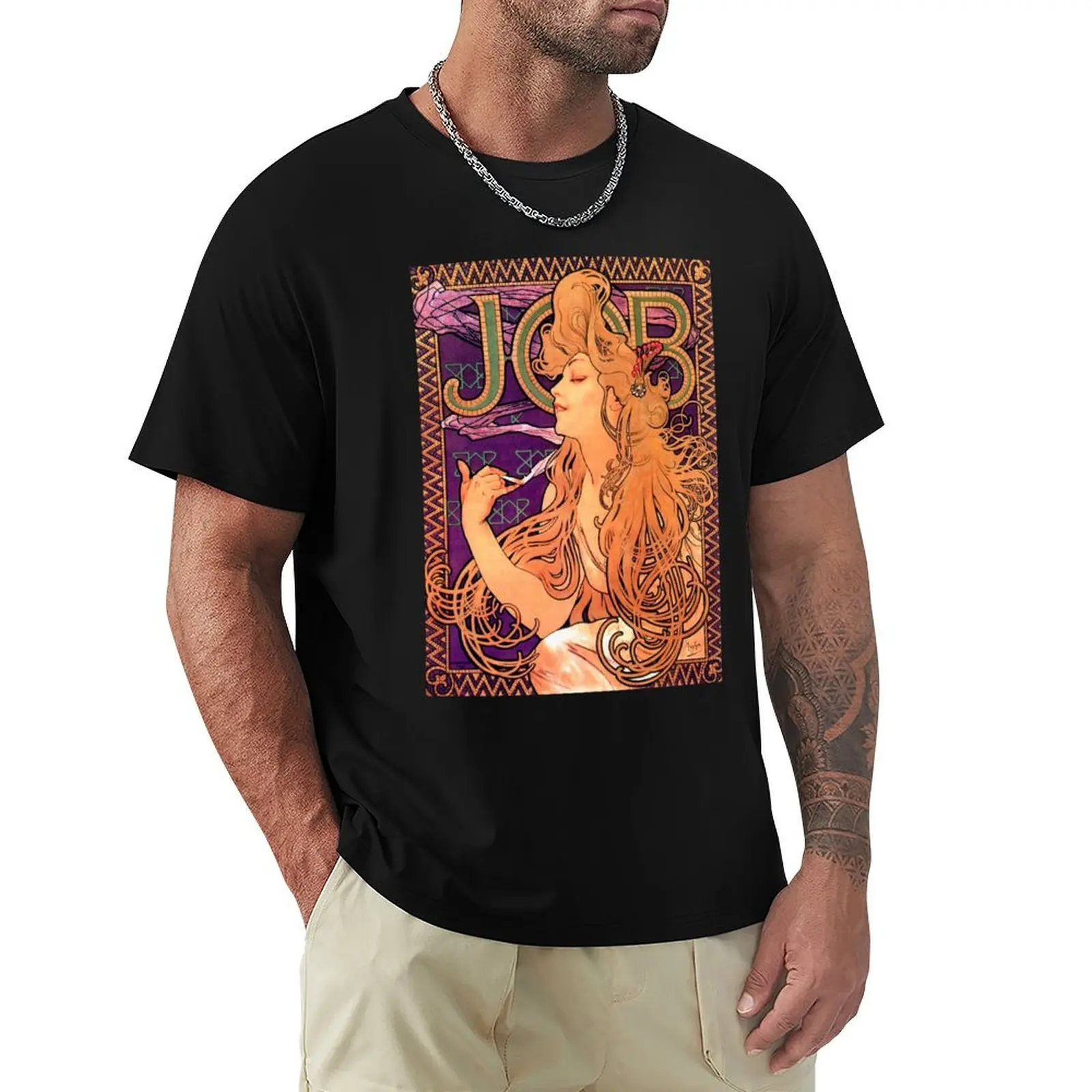 Alphonse Mucha - Job Cigarettes T-Shirt Big Size Crew Neck T-Shirt