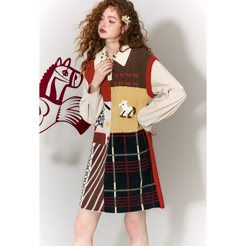 ELFSACK Women's Vintage Patchwork Knit Dress with Horse & Plaid Prin, Long Sleeve Dress, Casual Spring Fall Outfit for Girls