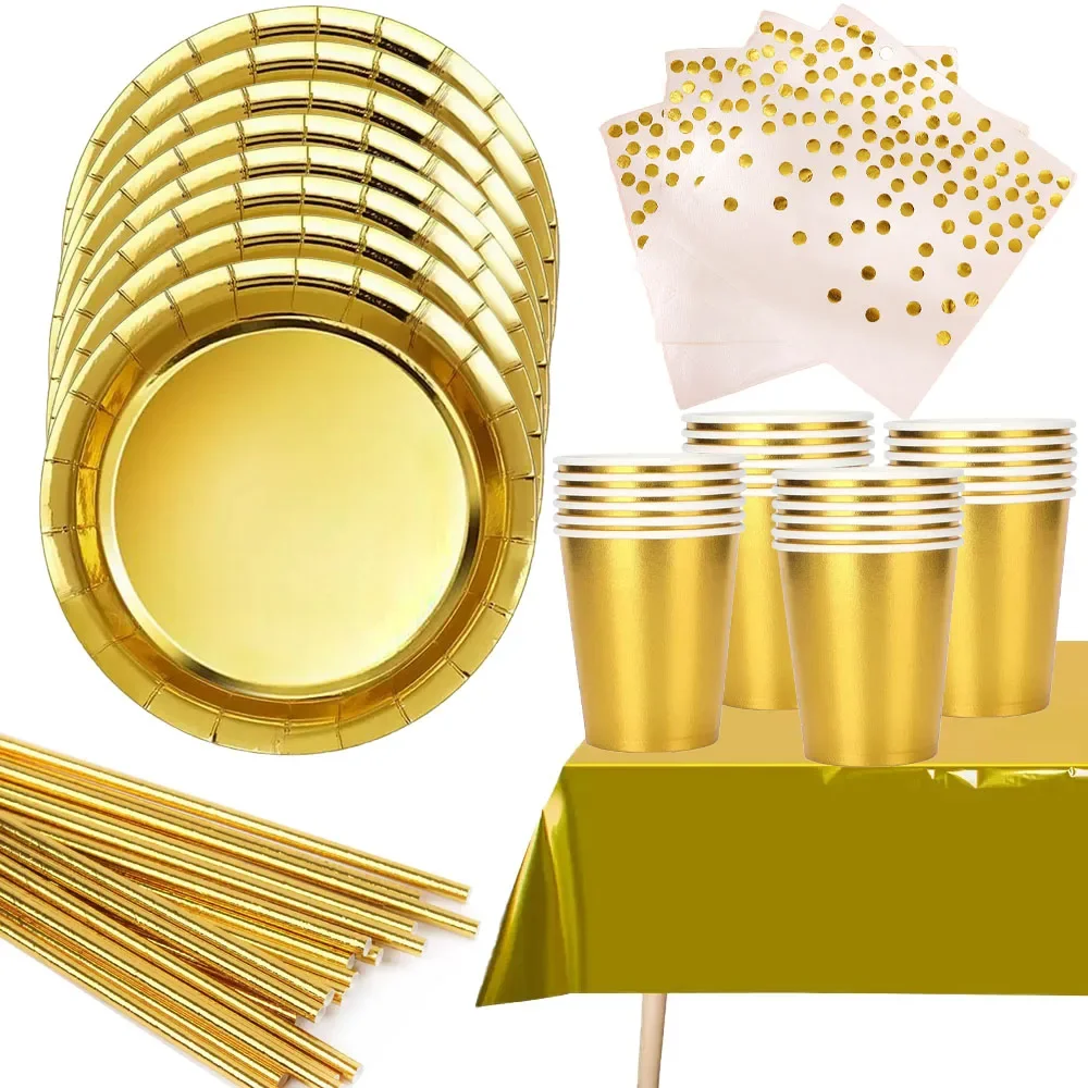 

Gold Birthday Party Decorations Disposable Tableware Disposable Golden Plates Cups Kids Adult Wedding Bachelor Party Supplies