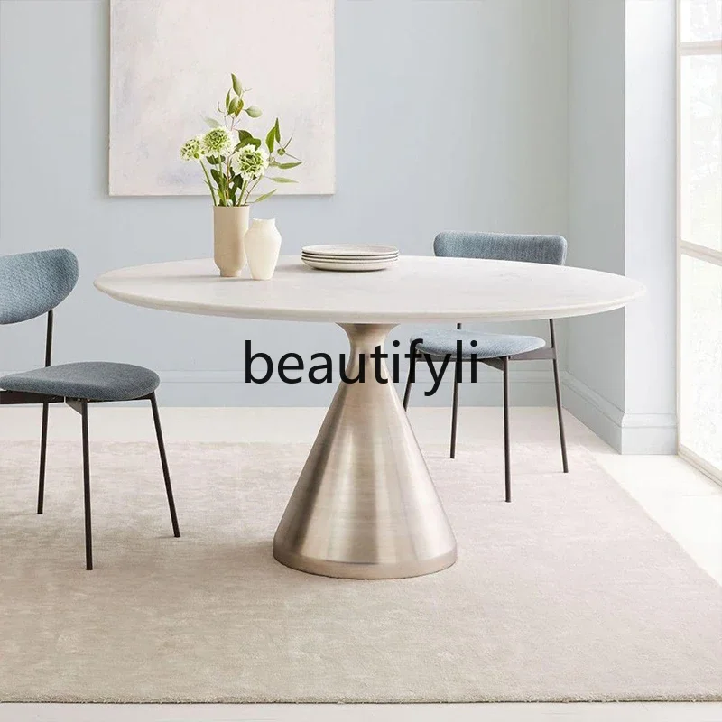

01A Modern light luxury marble dining table simple round stainless steel household dining table negotiation table