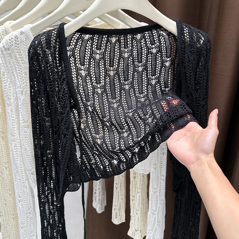 سترة صوفية شفافة باللون الرمادي - غطاء مجوف برباط مع حزام، فستان شاطئ خفيف الوزن، شال بوهو مكتب متجدد الهواء