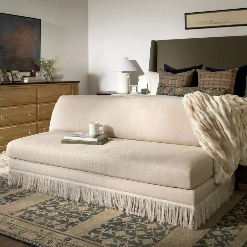 American country style fringed fabric sofa small apartment living room bedroom straight row three sofa