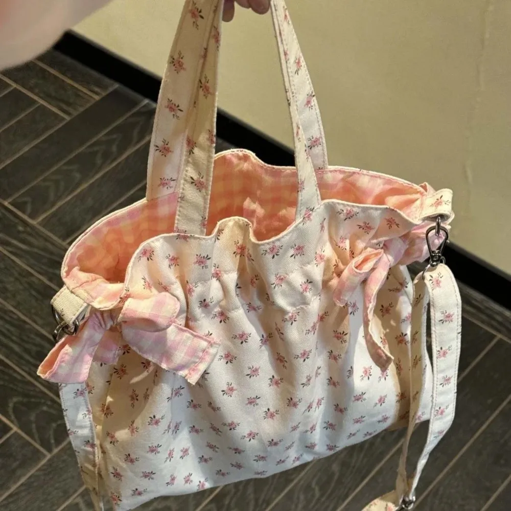 3-in-1 Floral Crossbody Bag Gingham Ruched Convertible Small Tote Detachable Washable Drawstring Shoulder Bag Teens Girls