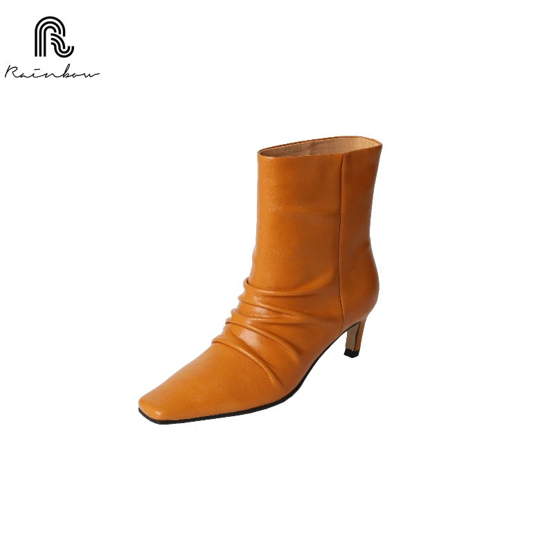 RAINBOW 33-40 New Women Ankle Boots Genuine Leather Ruched Wide Calf Fall Winter Kitten High Heels Shoes Office Dress Booties