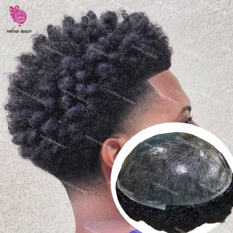 

Мужской парик-накладка 8 мм Afro Tight Curly с инъекционной технологией 0,1 мм, ультратонкая основа, естественная линия роста волос # 1B # 1B10 Черный мужской капиллярный протез