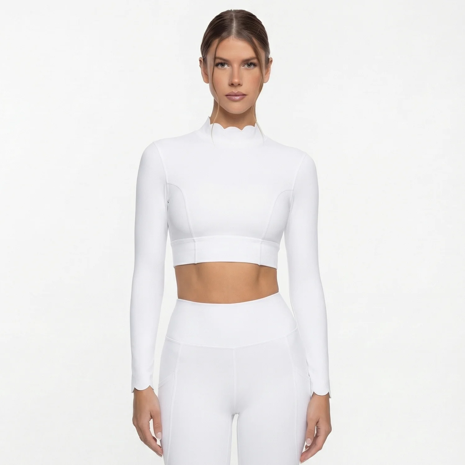 FUBEIKE Shell Lace Backless Yoga Clothes Long Sleeve Tight Slimming Sports Running Leggings Workout Training Top With Chest Pad
