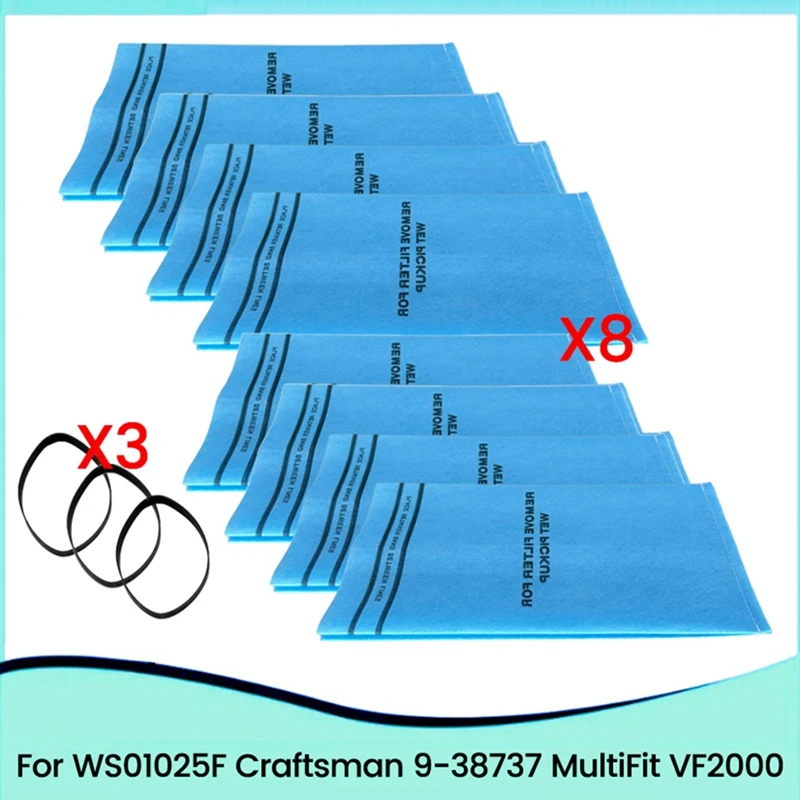 B90B WS01025F2 Wet Dry Filter Bag For 9-38737 Vacuum Cleaners, 8 Dust Bags + 3 Retaining Bands, Dust Collector Filters