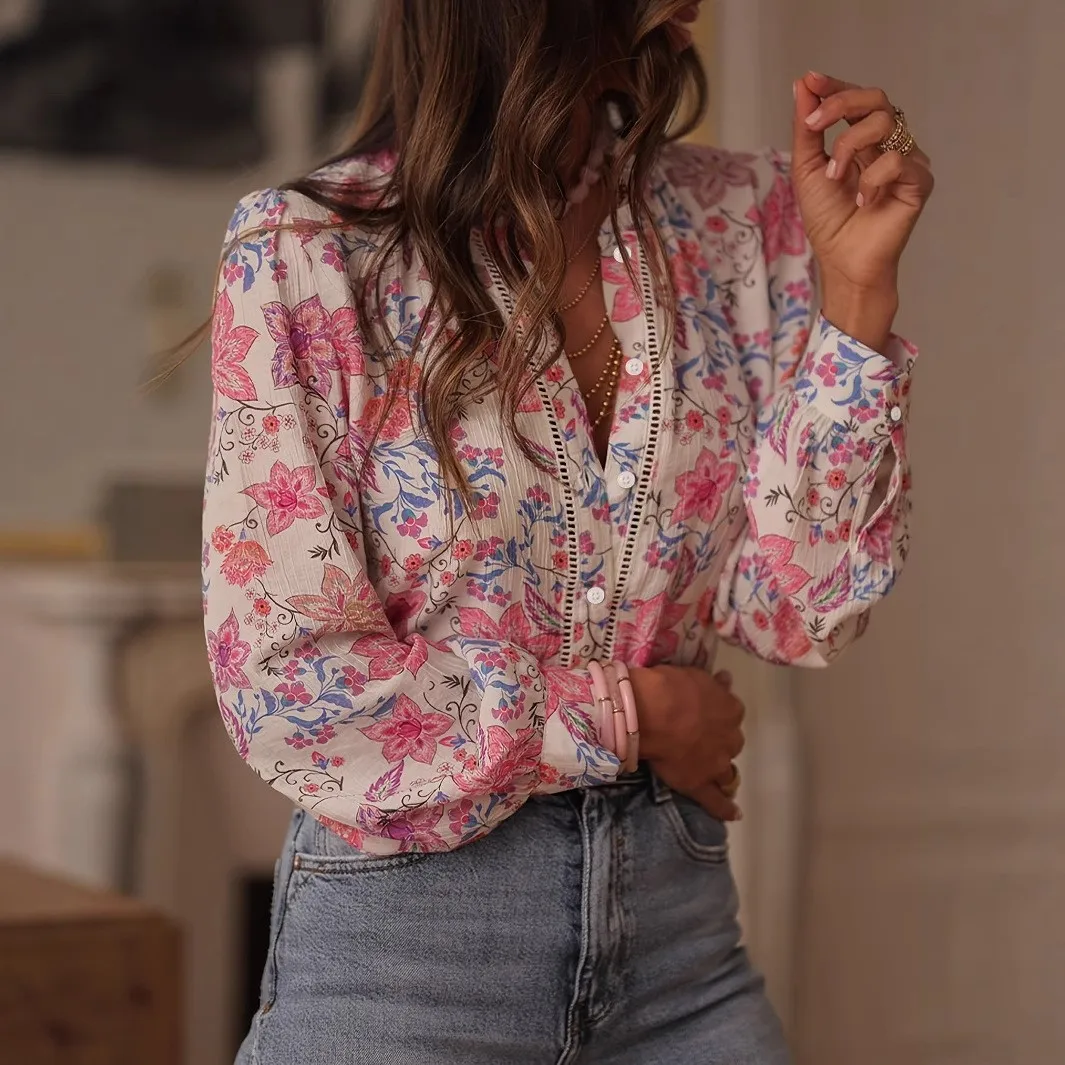 Printed Long Sleeve Top Loose Fit Streetwear with Stand Collar Regular Sleeve Pullover Style No Stretch Women Blouse Autumn