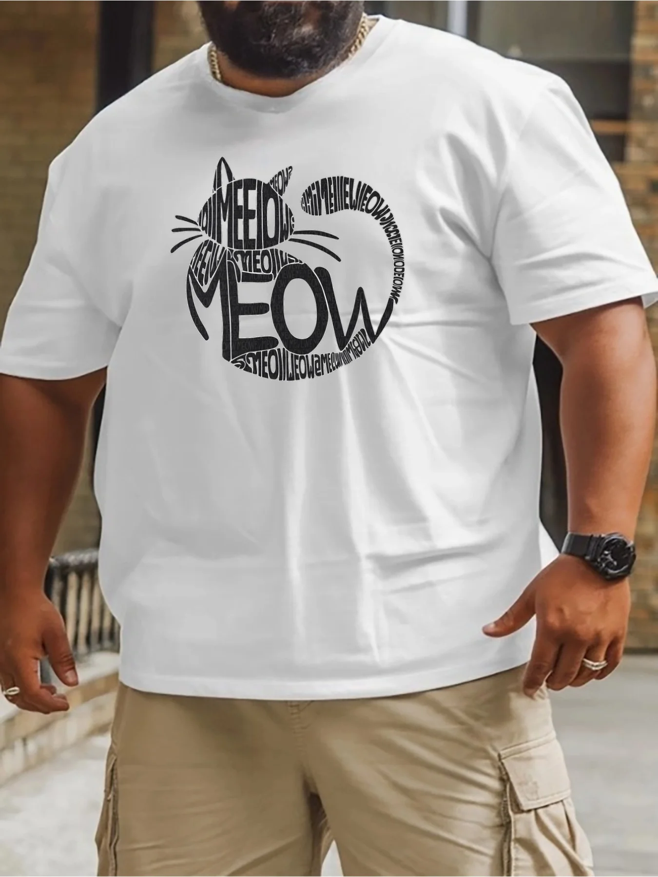 Oversized T-Shirt For Men Featuring A Cat Theme - A Breathable Summer Top Ideal For Tall Individuals, Adorned With A 'Meow' Desi