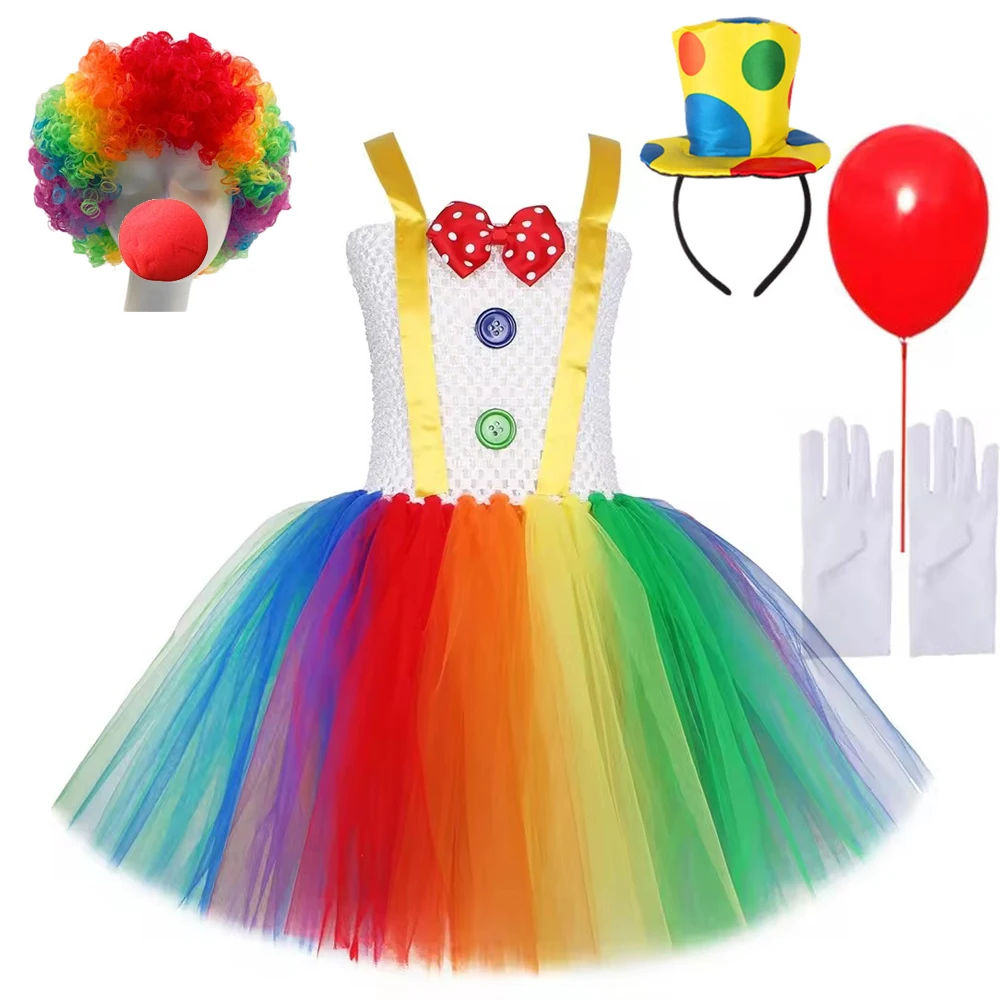 Girls Rainbow Funny Circus Clown Tutu Dress Kids Halloween Carnival Birthday Party Cosplay Costume Outfit 2-12 Years