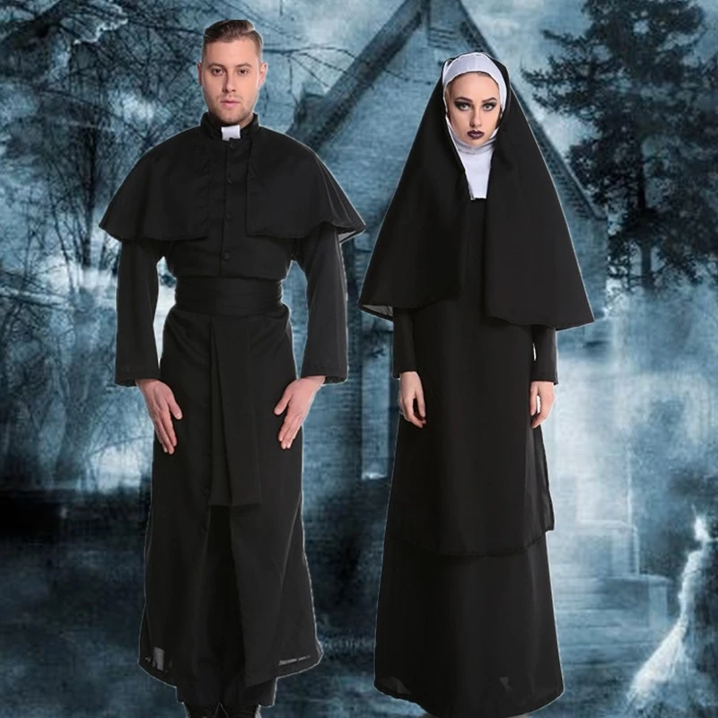 Hete Verkoop Halloween Cosplay Kostuums, Priesters En Nonnen, Hoge Mate Van Restauratie, Volwassen Mannen En Vrouwen Zwarte Gewaden, Cos Kostuums