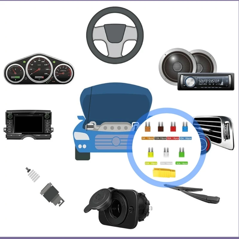126Pcs Standard Car Assortment Replacment Automotive for Car Motorcycles Truck 5A/7.5A/10A/15A/20A/25A/30A
