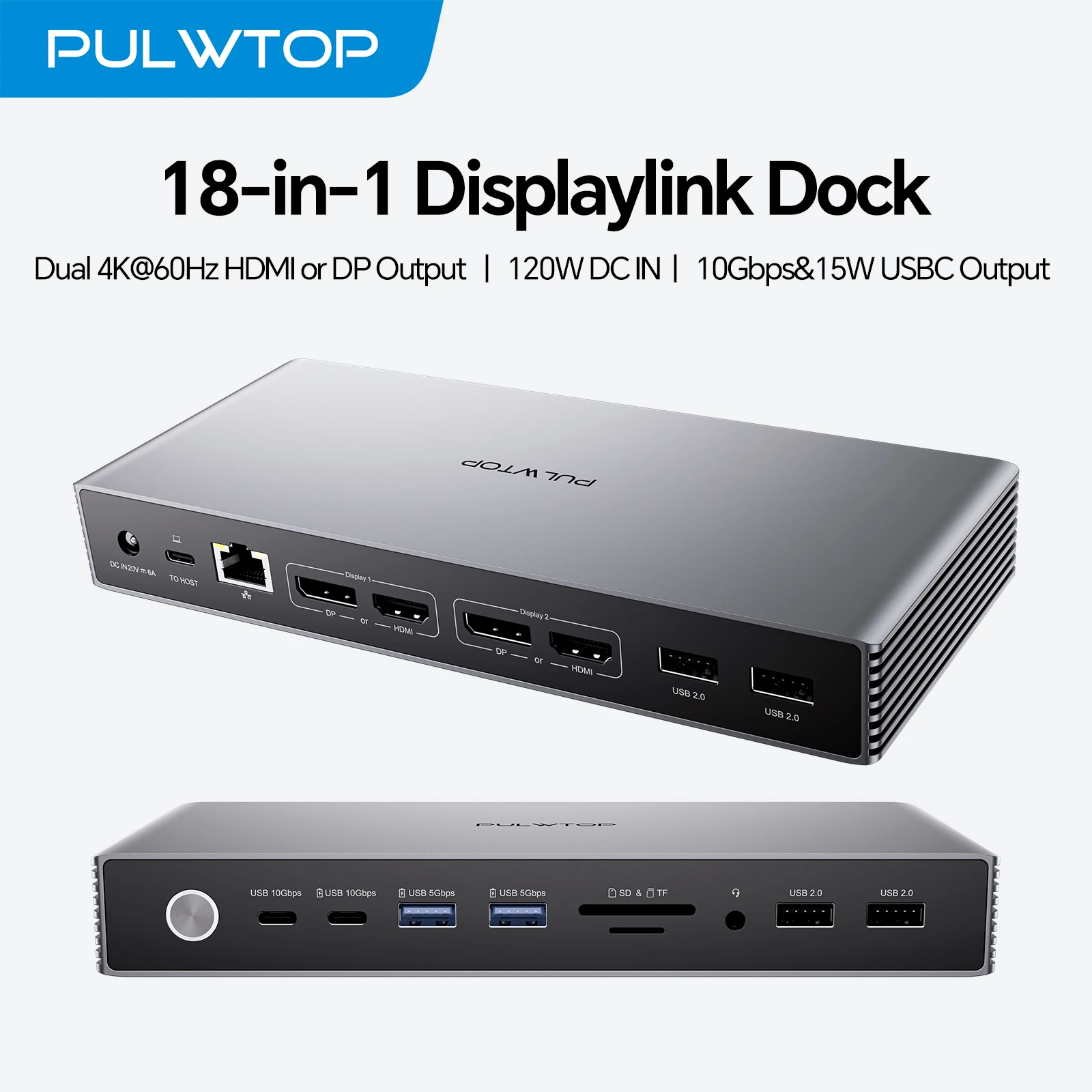 

Док-станция PULWTOP Displaylink, док-станция Displaylink 4K при 60 Гц с 2 портами дисплея HDMI, 2 данными USB C, 6 USBA, Ethernet, аудио