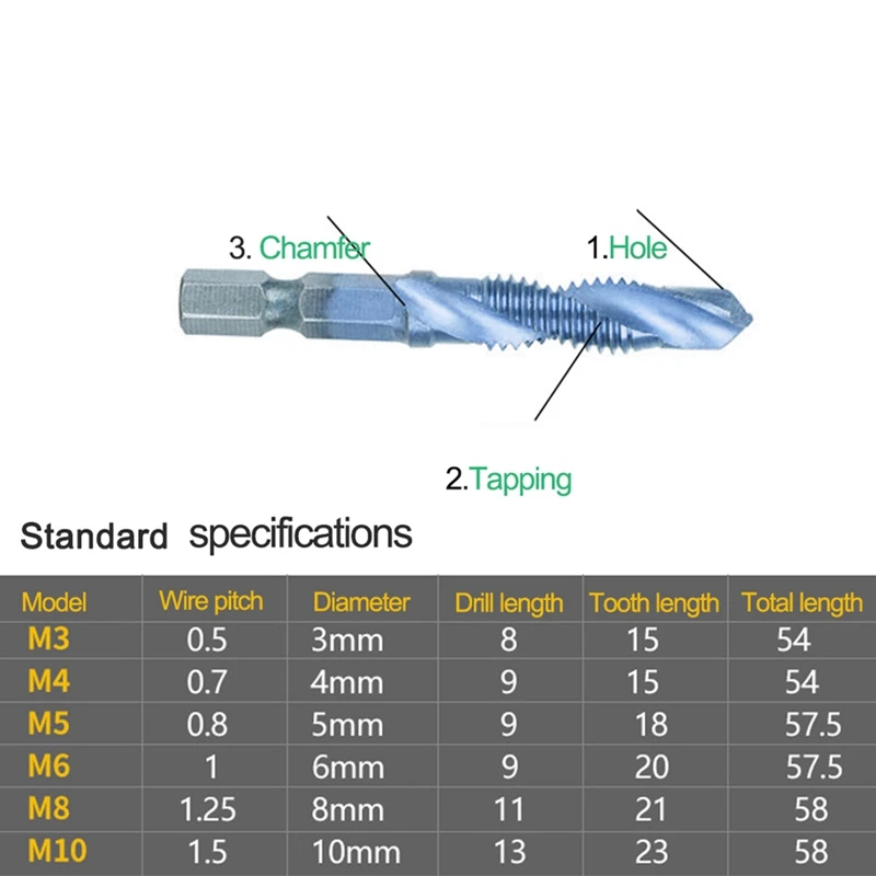 A23T Hex Shank Tap Drill Bits Set M3-M10 HSS Metric Thread Screw Machine Hand Tools for Metal Wood Plastic 12Pcs Blue