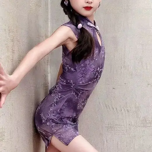 new-model-of-children's-stage-latin-dance-outfit-girls'-ancient-style-purple-printed-fitted-cheongsam-practice-set