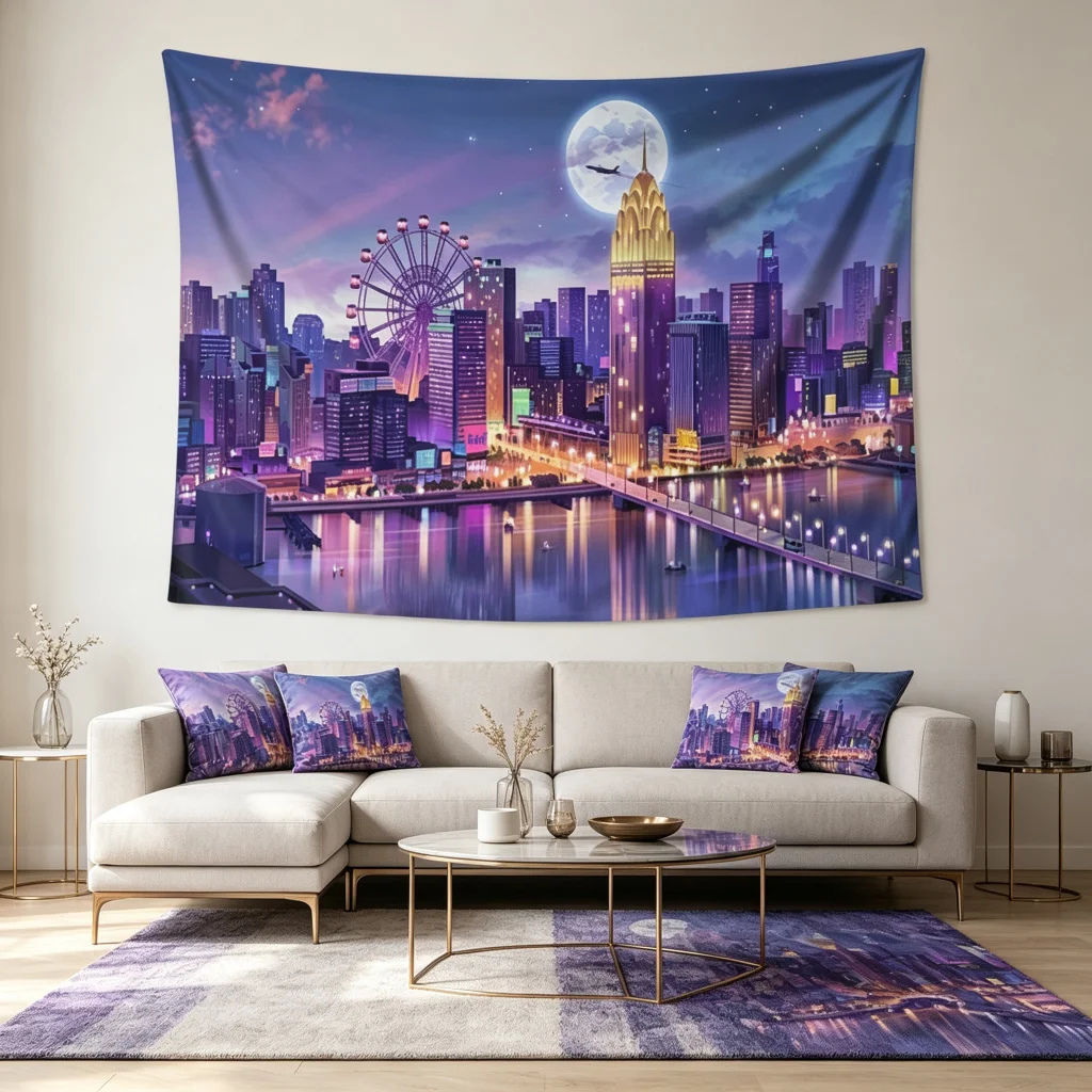 1PC City Night Ferris Art Print Backdrop Banner, Bedroom Living Room Photo Background, Polyester, Home Decor, Wall Art