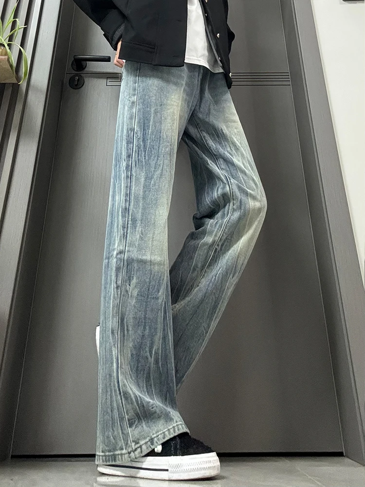 Retro Blue Bamboo Node Lightning Pattern Flared Jeans Men's Autumn Winter Fleece Lined American Vibe Pants Extended Straight Leg