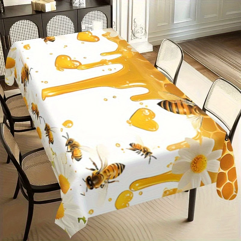 One vibrant yellow honey and floral tablecloth with a bee design - a durable polyester rectangular table