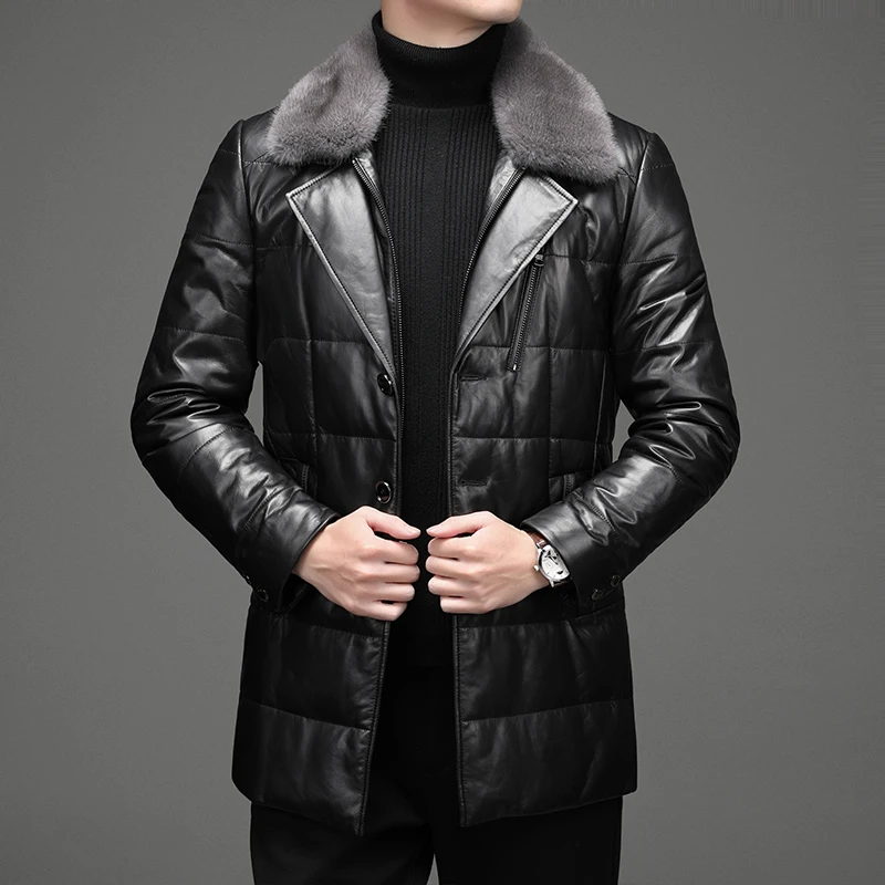 2024- New Men\'s Business British Fashion British Style Casual Fashion Sheepskin Down Jacket Mink Collar Jacket Leather Jacket