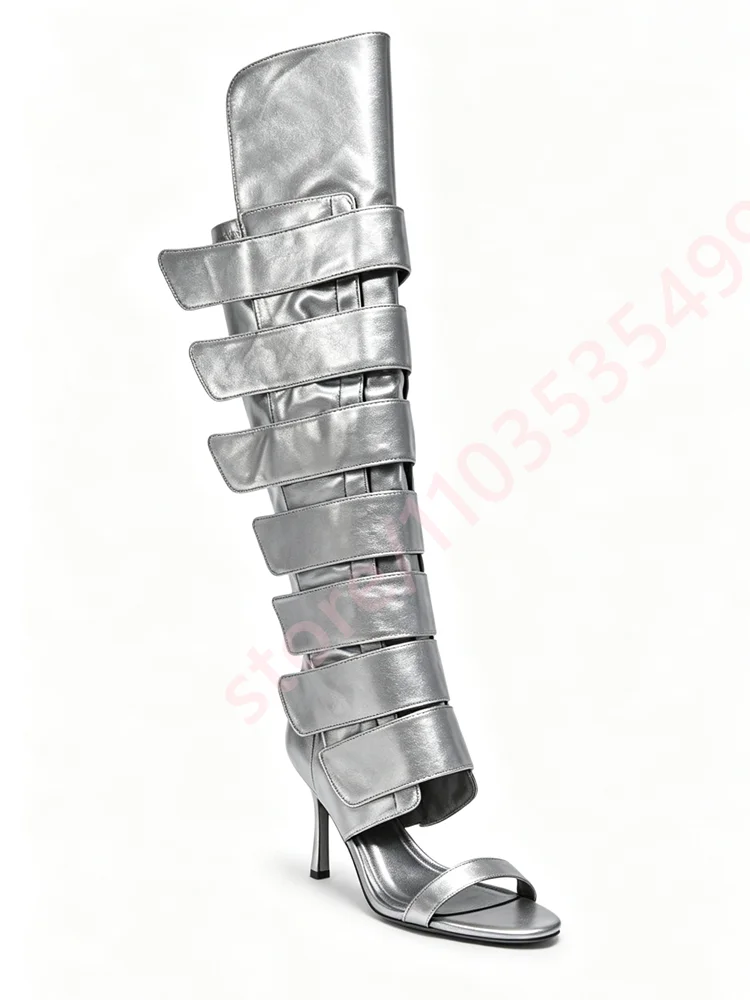 2026 Multi Wide Strap Cutout Thigh High Boots Women Open Toe Thin Stiletto Heel Nightclub Party Hollow Out Knee High Sandal Boot