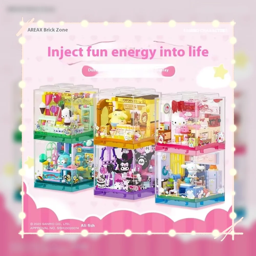 Sanrio Area-X Mini tienda juego de bloques de construcción con Kuromi Cinnamoroll Hangyodon Kawaii ladrillos para niñas regalo de cumpleaños caja ciega