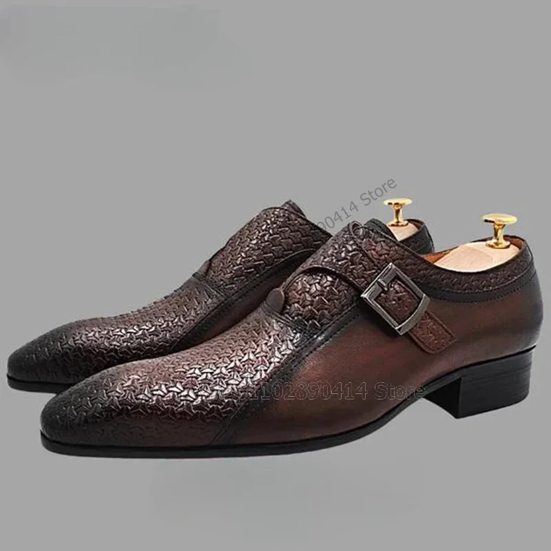 Brown Black Alligator Print Buckle Decor Men Derby Shoes Fashion Slip On Male Shoes Luxury Handmade Party Office Men Dress Shoes - view 3