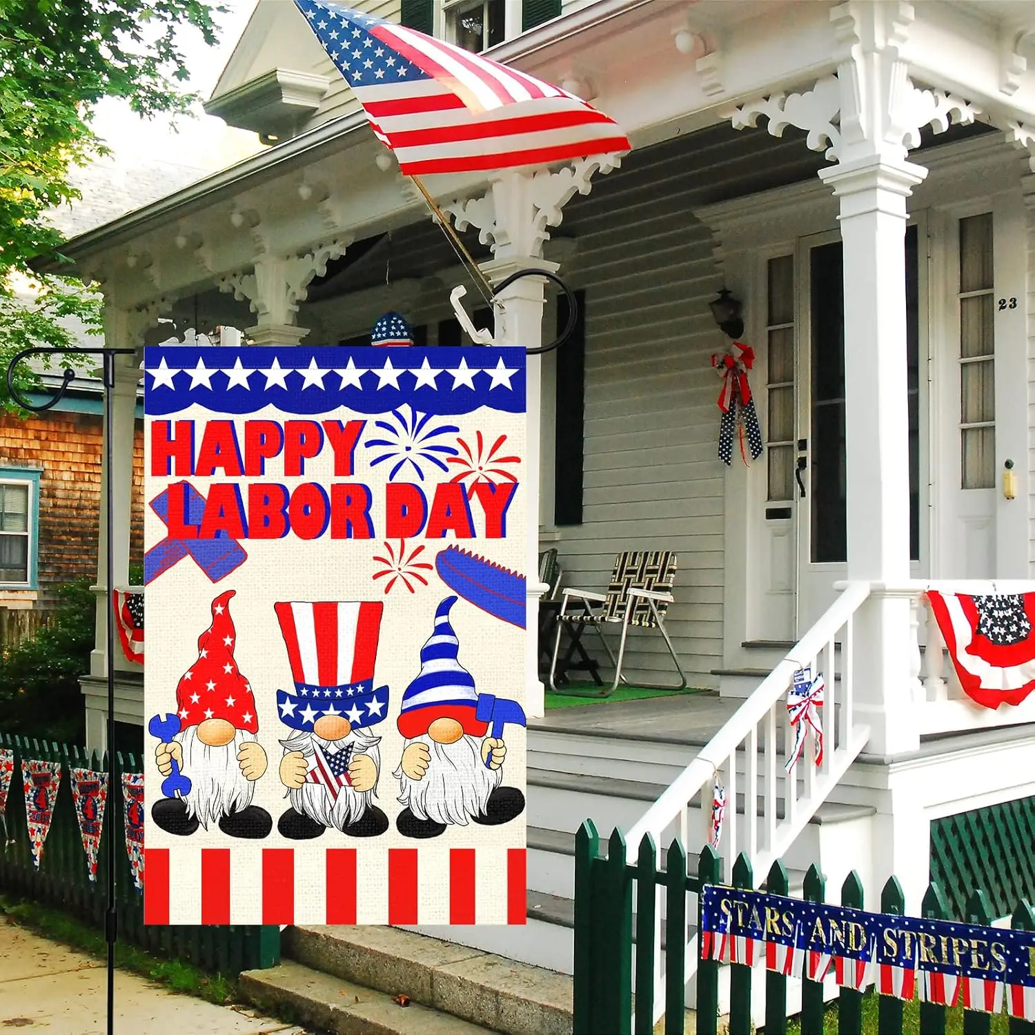 Louise Maelys Happy Labor Day Garden Flag 12x18 Double Sided Vertical, Burlap Small Gnome Garden Yard House USA Flags Banner Out