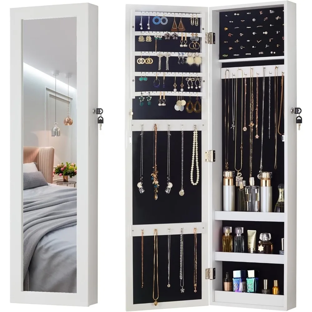 YOKUKINA Mirror Jewelry Armoire, Lockable Wall or Door Mounted Mirror Jewelry Cabinet, Full Length Mirror with Storage