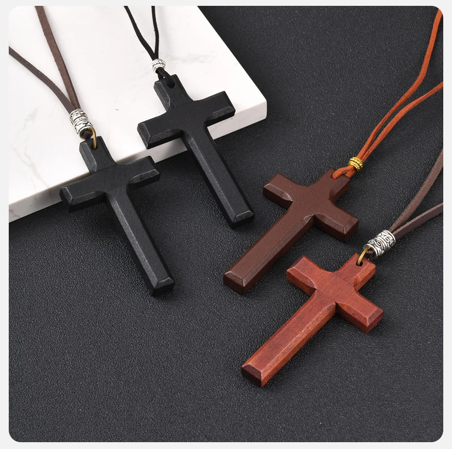 Vnox Vintage-Halskette mit Holzkreuz-Anhänger für Männer und Frauen, verstellbares 44–86 cm langes Lederband, christliches Gebetsamulett, Schmuck, Geschenk – Detail 6