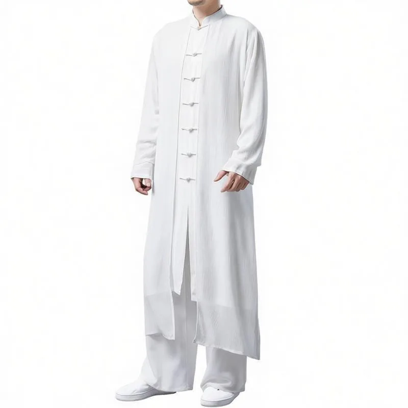 Traditional Chinese Men Long Style Casual Shirts Layered Design Cotton & Linen Frog Closures Stand Collar Shirt