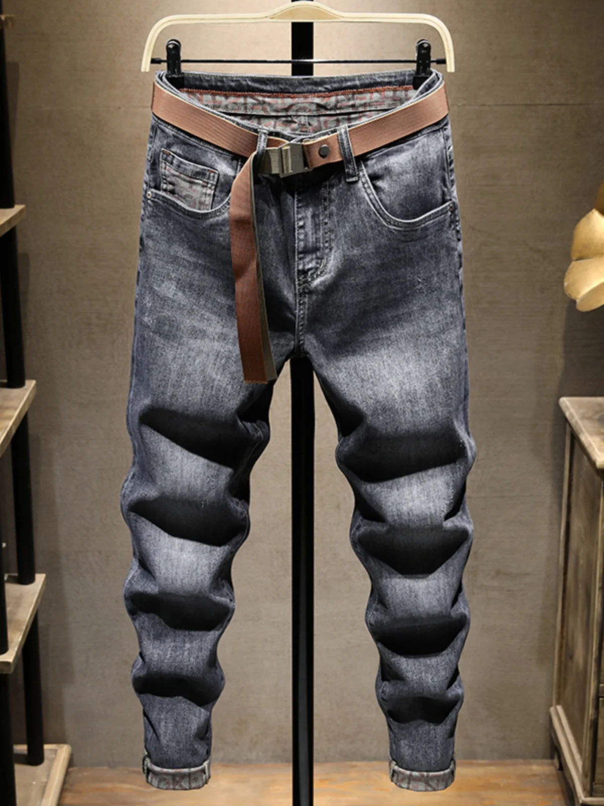 

Men's Slim Fit Denim Jeans Spring Autumn Wear Resistant Small Straight Foot Nine Points Printed Casual Cotton Stretch Jeans