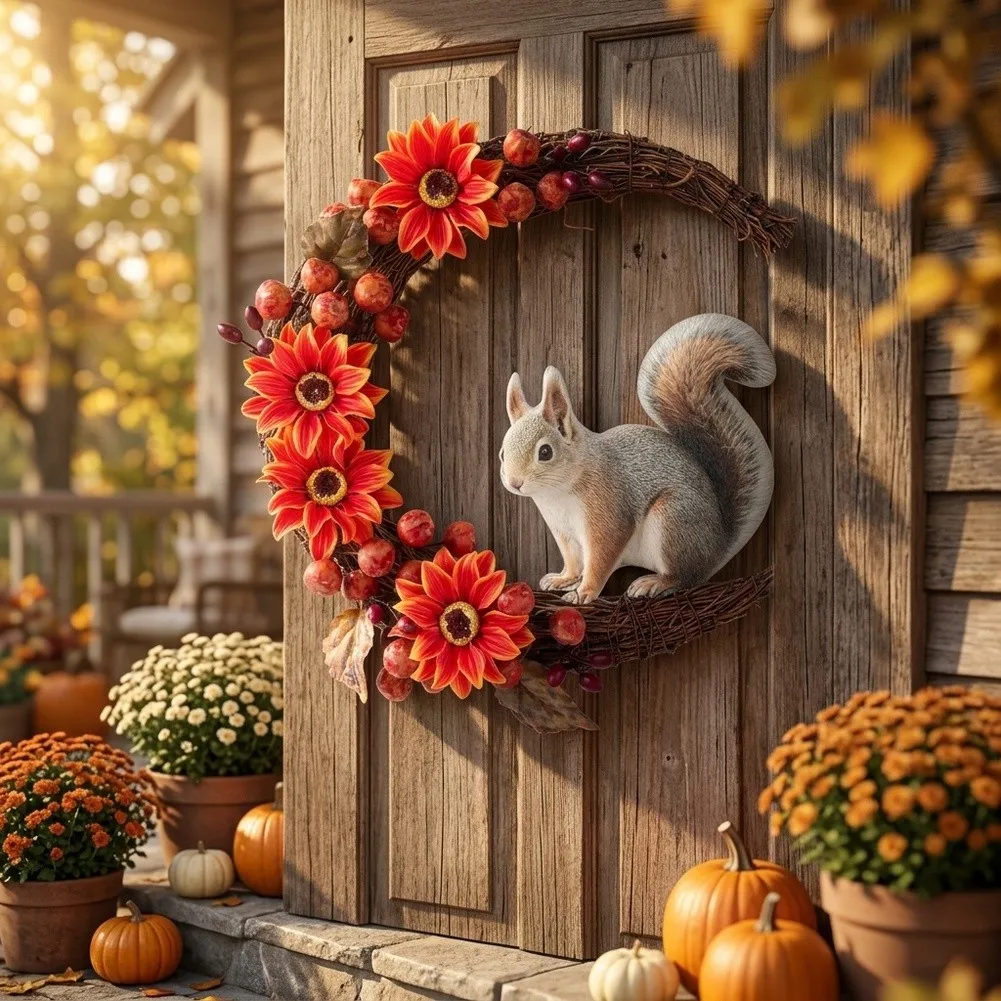 Asymmetrical Floral Wreath with Squirrel for InFor Door OutFor Door For Door Wall Decoration Rattan Base Fabric Elements 38cm