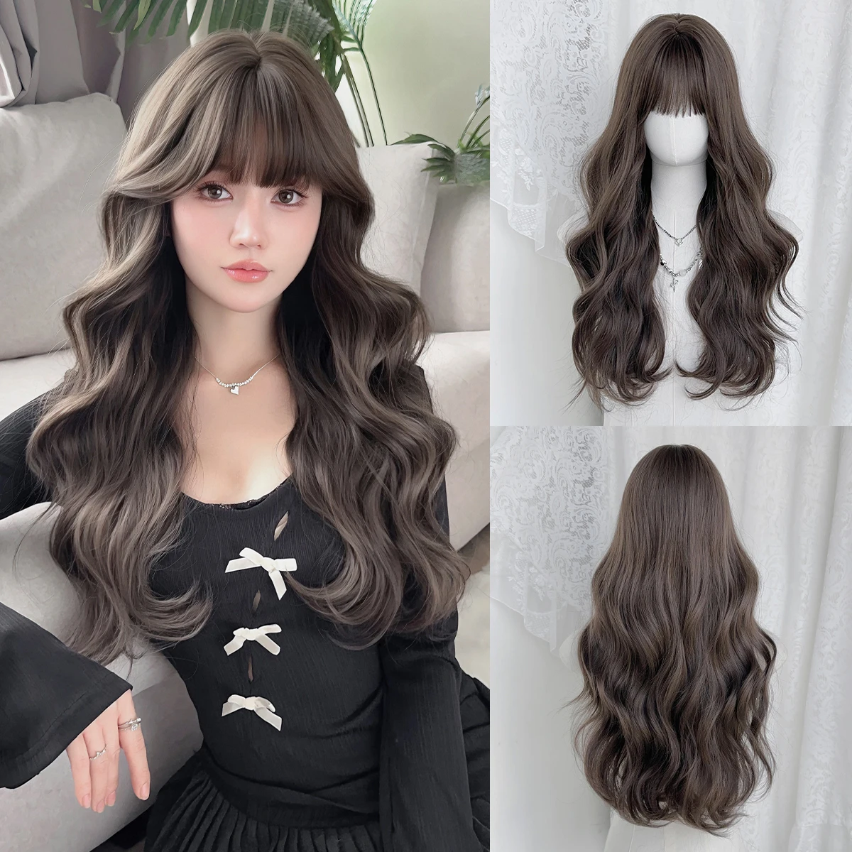 

7JHH WIGS Long Body Wave Cool Brown Wig for Women Synthetic Heat-Resistant Modest Fashion Wear and Go Wigs with Neat Bangs