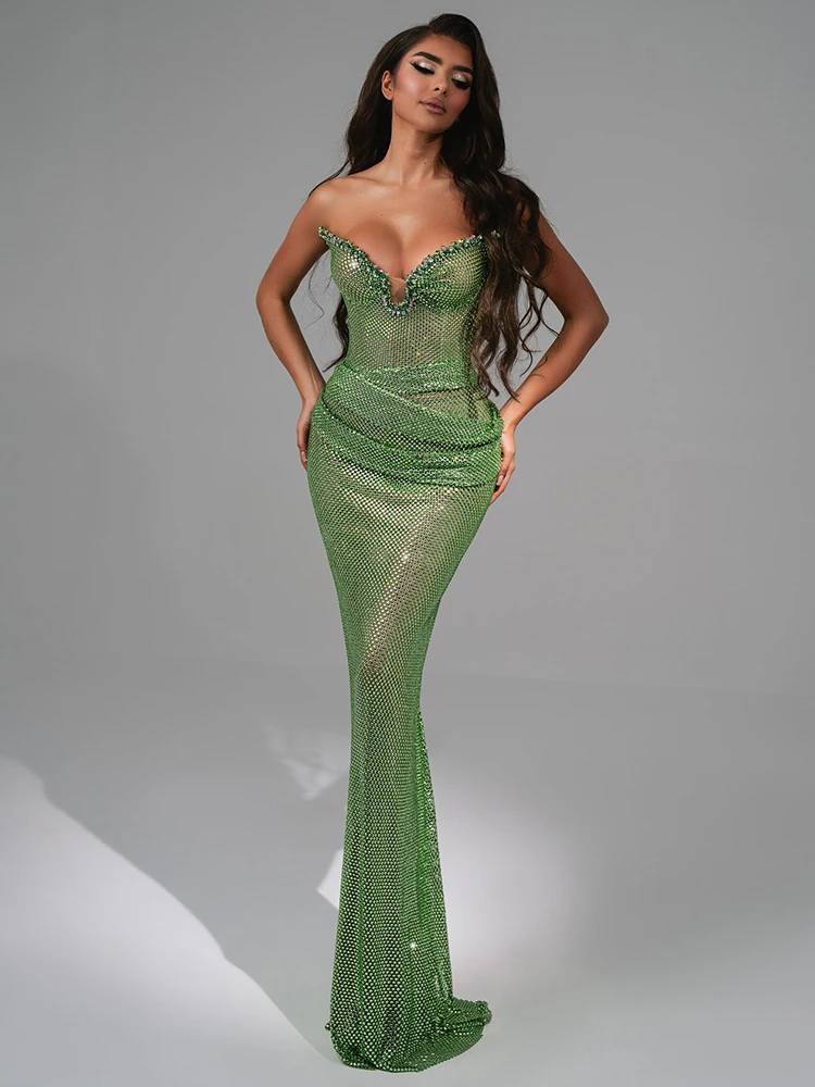 VC ชุดเดรสนางเงือกแขนกุดสีเขียวประกายประกายสำหรับชุดปาร์ตี้งานพรอม