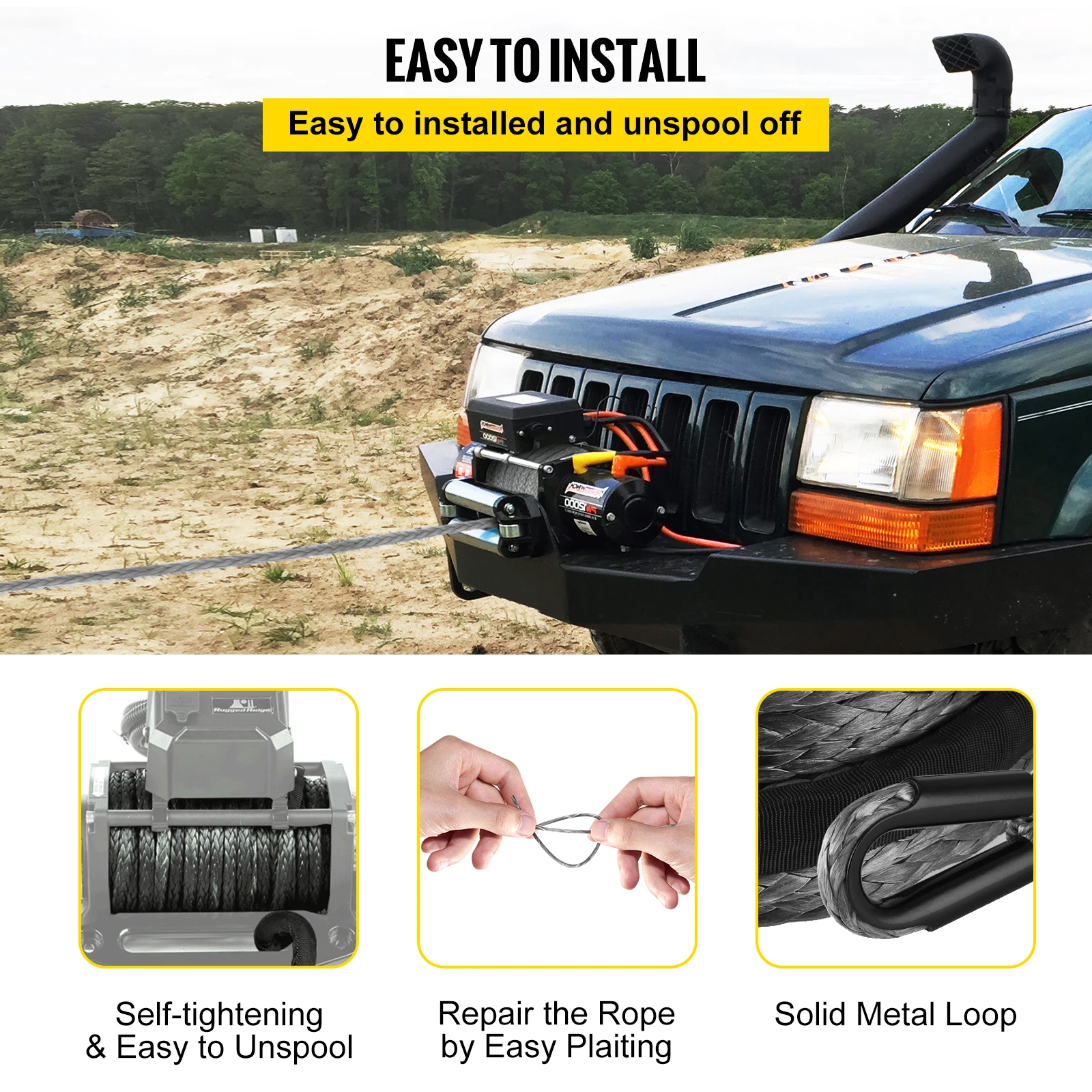 BuoQua 28m Corda Verricello In Acciaio Inox 9200kg Synthetic Winch Rope Corda Tiragraffi Per SUV ATV UTV JEEP