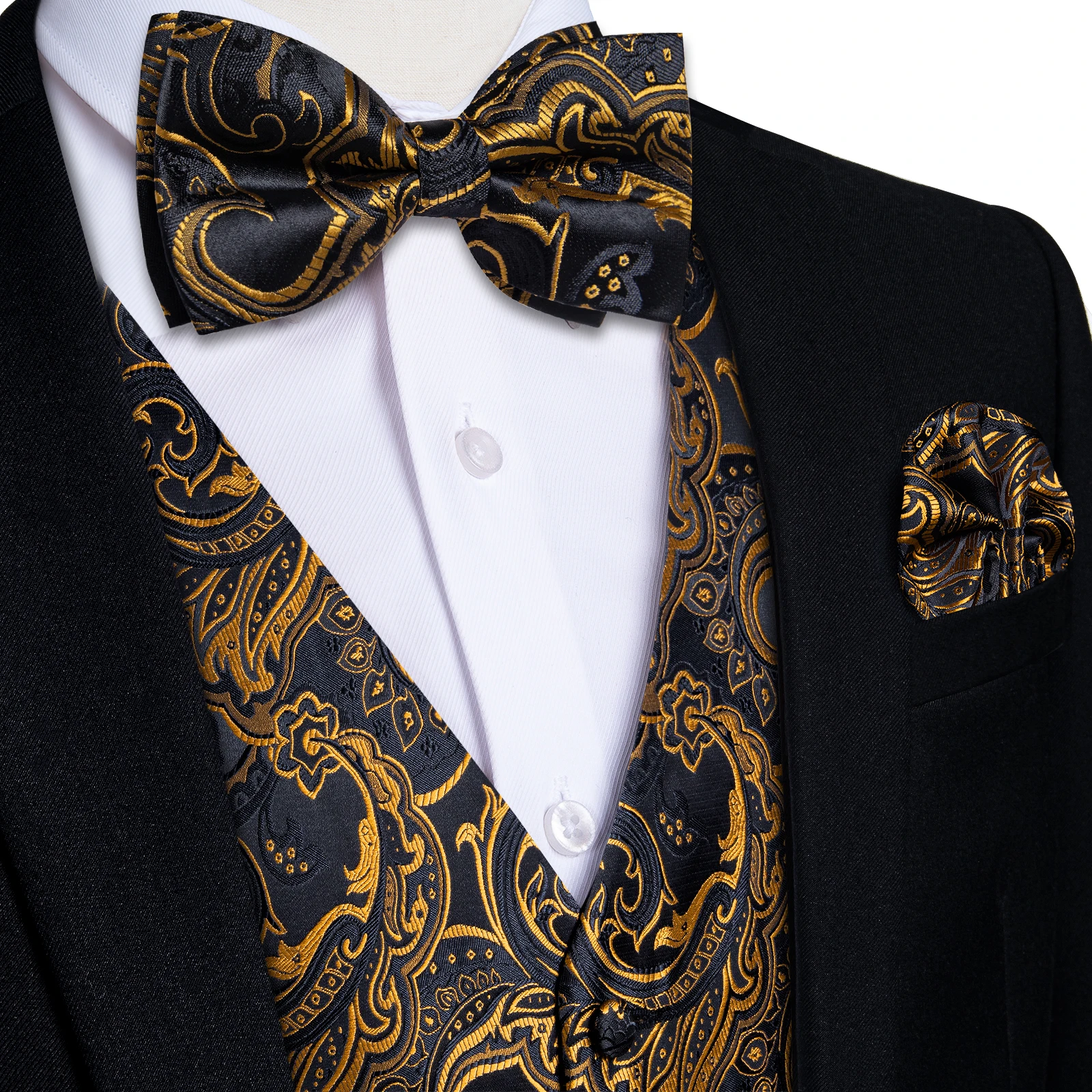 Luxury Golden Color Black Paisley Men\'s Suit Vest with Pre-tied Bow Tie Pocket Square Cufflinks Wedding Tuxedo Suits Waistcoat