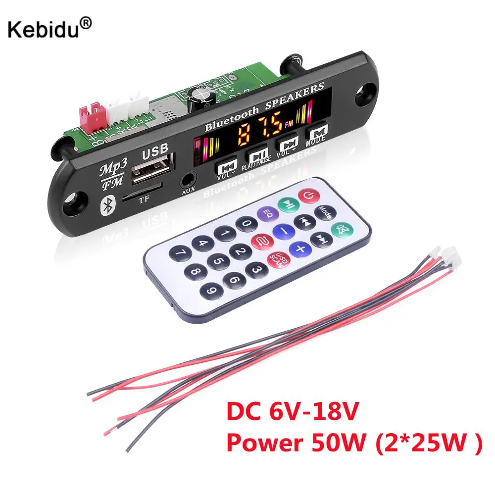 Kebidu Bluetooth Car Mp3 Player Handsfree Dc 5V 18V Mp3 Decoder Board 50W Amplifier Usb Recording Module Fm Aux Radio Speaker