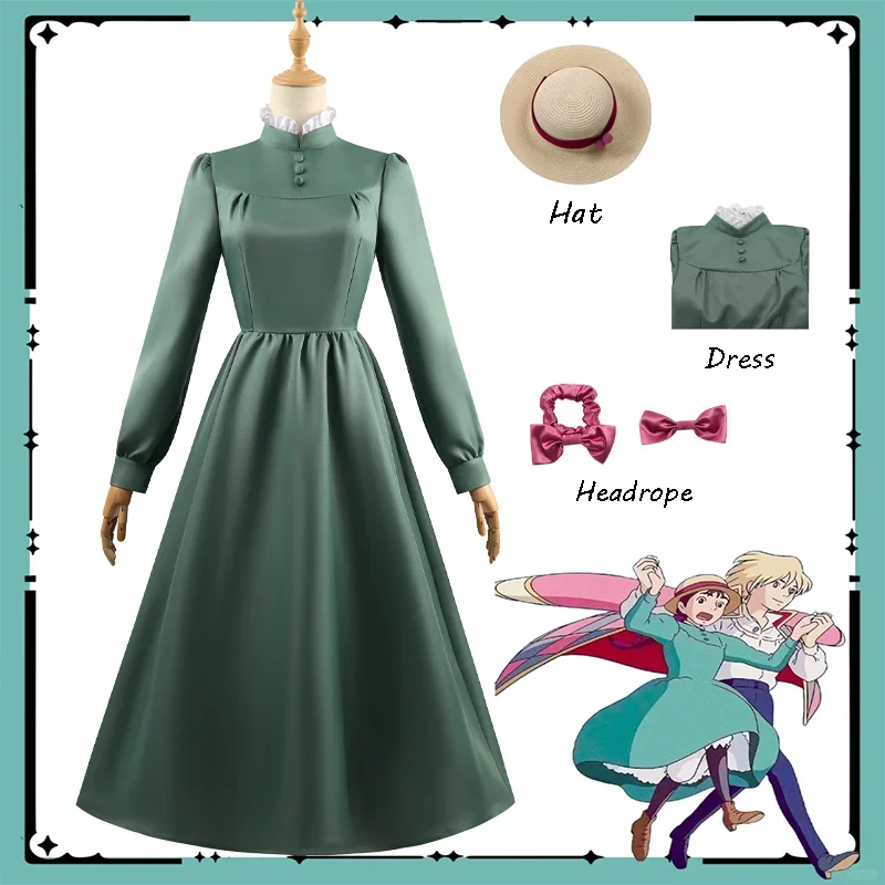 

CosplayAnime Sophie Cosplay Costune Long Green Dress Hat Headrope Full Set Suit Carnival Uniform Halloween Party Outfit for Adul