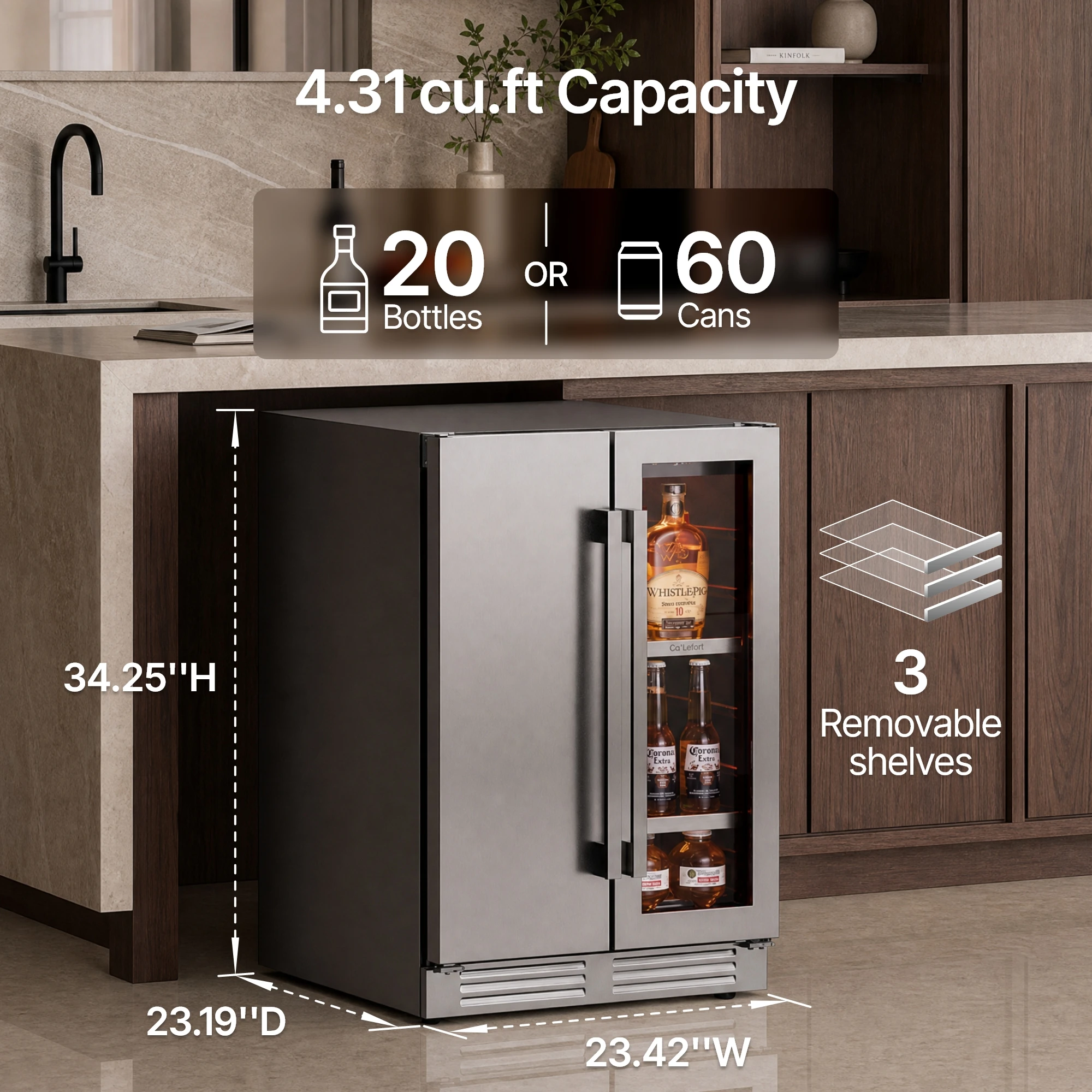 CaLeFort 3-in-1 with Ice Maker Dual Zone Whiskey Storage Cooler, Luxury Home Bar Wine and Beverage Fridge with Glass Door Display, Premium Built-In Bar Appliance for Home Entertainment