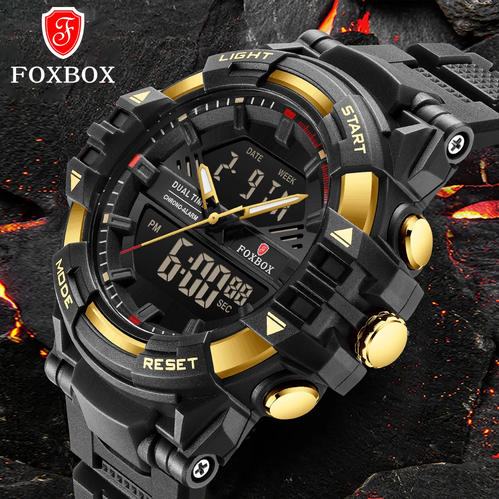 FOXBOX-Relógios de quartzo originais masculinos de luxo, relógio de pulso militar analógico digital, relógio impermeável para homem, moda, 50m