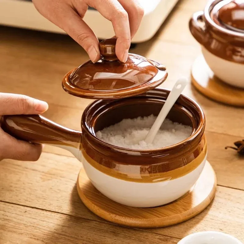 500ML Ancient Style Household Seasoning Kitchen Heat-resistant Oil Salt Ceramic Seasoning Jar with Lid Spoon Ceramic