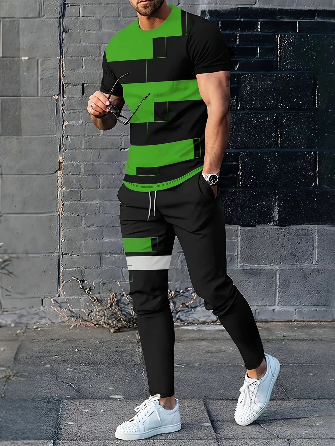 

New American Trendy Men's Stripe Printed Breathable Comfortable Round Neck T-shirt Pants Set Outdoor Casual Clothing