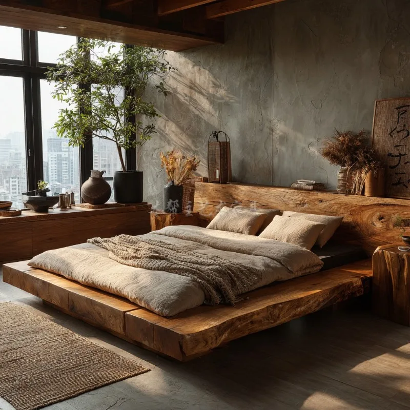 Wabi Sandy Wind Solid Wood Modern Simple Log Wind B & B Hotel Double 1.8