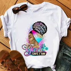 God Says I Am Beautiful T-shirt Fashion Gold Sequins Black Melanin Queen Tshirt Aesthetic  Women Clothes  Oversized T Shirt