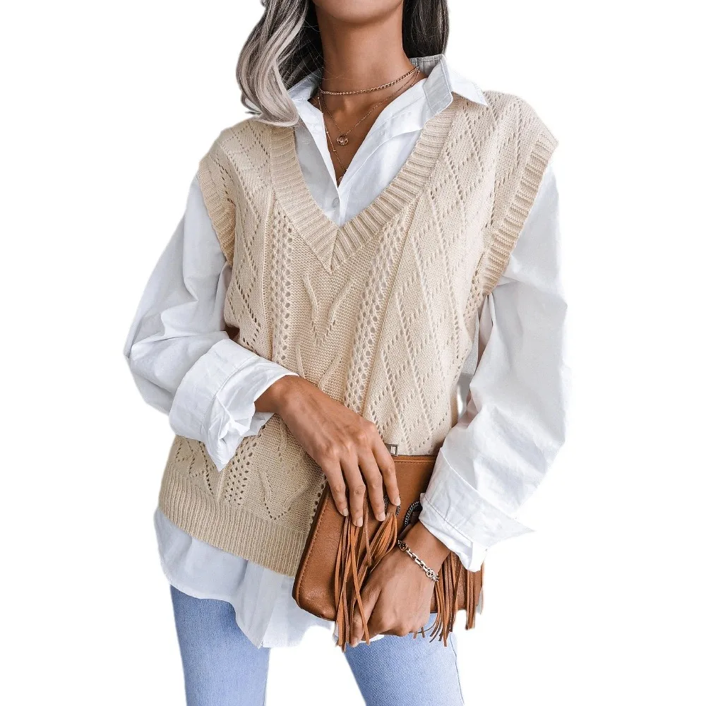 Damen Hohl V-Ausschnitt Strickweste Pullover Herbst Faion Regular Thiening Hollow Out Design Strickpullover für Frauen