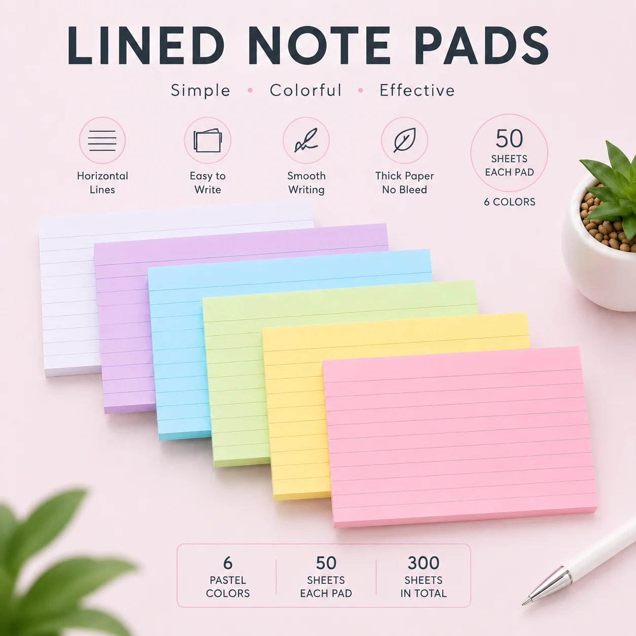 300 Sheets 6 Colors Double‑Sided Lined Index Note Cards 110gsm Non‑Sticky Flash Study Cards 12.7×7.6cm Back To School Must‑Have