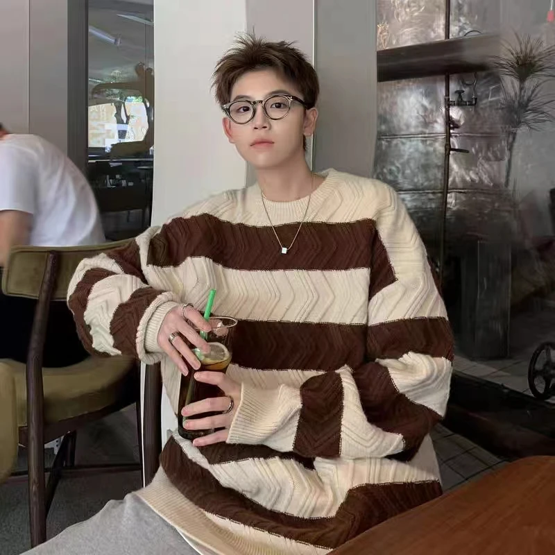 

Large Size Men's Knitted Sweater Vintage Hong Kong Sle Lazy Stripe round Ne Loose Fit Winter Faion Buxom 300 Pou